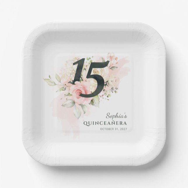 Quinceanera Pink Floral Rustic 15th Birthday Paper Plates (Front)