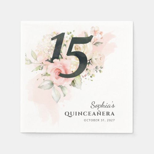 Quinceanera Pink Floral Rustic 15th Birthday Party Napkins
