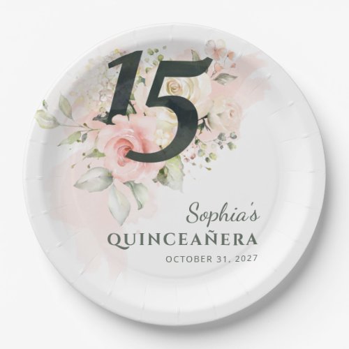 Quinceanera Pink Floral Rustic 15th Birthday Party Paper Plates