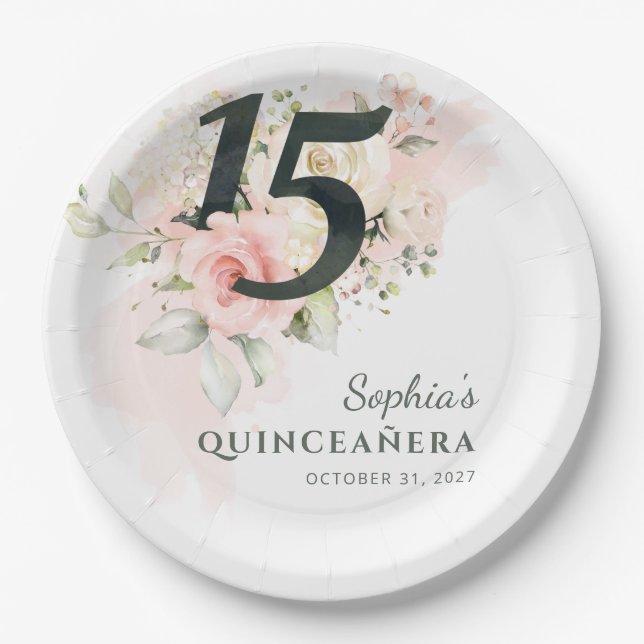 Quinceanera Pink Floral Rustic 15th Birthday Party Paper Plates (Front)