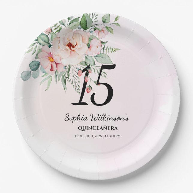 Quinceanera Pink Floral Rustic 15th Birthday Party Paper Plates (Front)