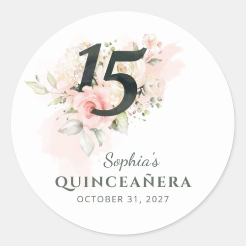 Quinceanera Pink Floral Rustic Blush 15th Birthday Classic Round Sticker