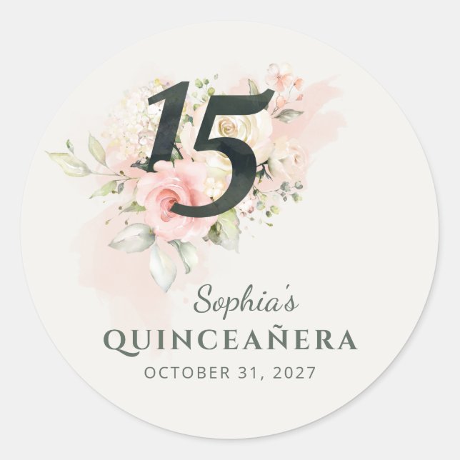 Quinceanera Pink Floral Rustic Blush 15th Birthday Classic Round Sticker (Front)