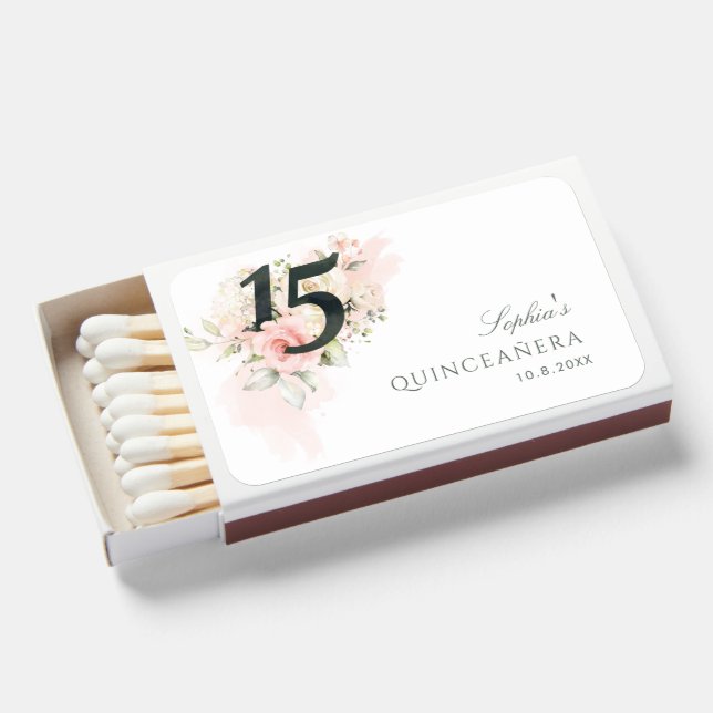Quinceanera Pink Floral Rustic Blush 15th Birthday Matchboxes (Front Open)