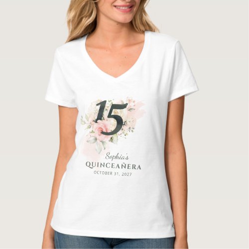 Quinceanera Pink Floral Rustic Blush 15th Birthday T_Shirt