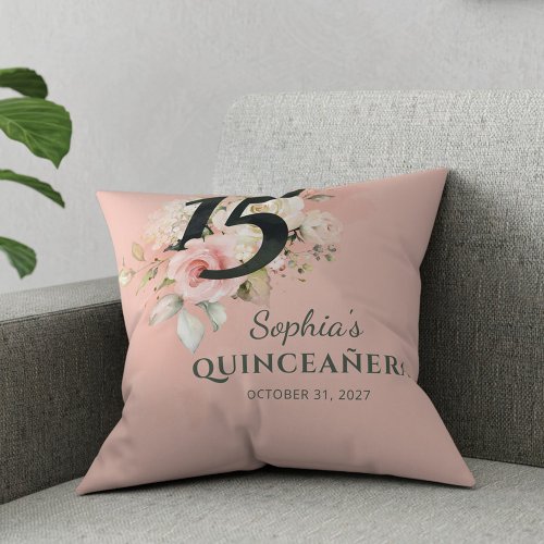 Quinceanera Pink Floral Rustic Blush 15th Birthday Throw Pillow