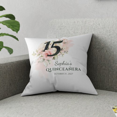 Quinceanera Pink Floral Rustic Blush 15th Birthday Throw Pillow