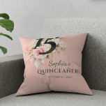 Quinceanera Pink Floral Rustic Blush 15th Birthday Throw Pillow<br><div class="desc">Cute modern yet elegant Quinceañera Mis Quince Anos birthday party throw pillow featuring a rustic floral greenery and pink rose foliage. The template can be easily edited and the text replaced with your own details by clicking the "Personalize" button. For further customization, please click the "Customize Further" link and use...</div>
