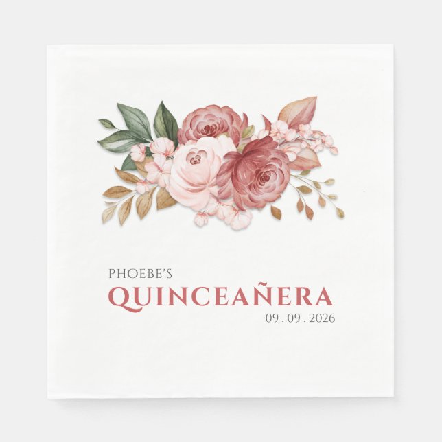 Quinceanera Pink Floral Rustic Botanical Napkins (Front)