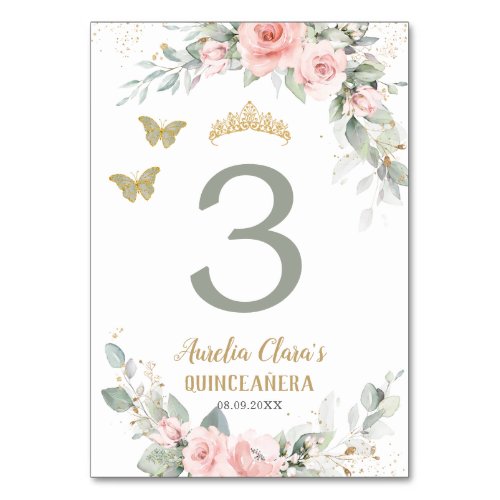Quinceaera Pink Floral Sage Green Butterflies Table Number