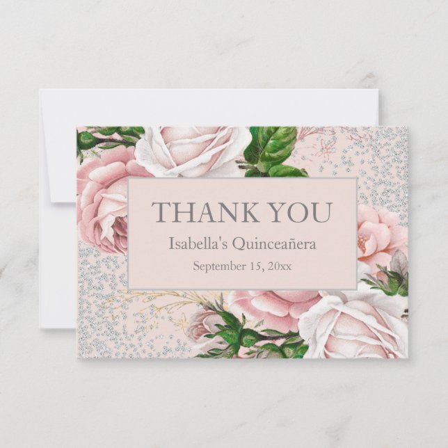 Quinceañera Pink Floral Silver Glitter Thank You (Front)