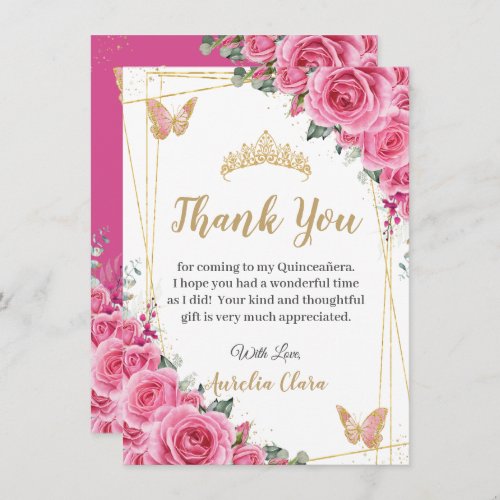Quinceaera Pink Fuchsia Floral Gold Butterflies Thank You Card