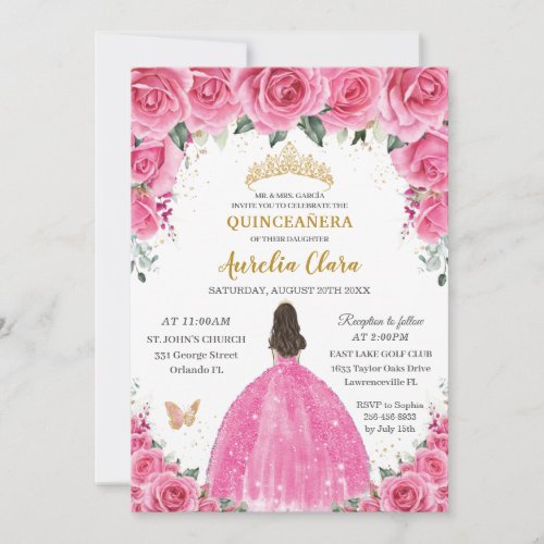 Quinceaera Pink Fuchsia Floral Princess Butterfly Invitation