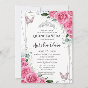Quinceañera Pink Fuchsia Floral Silver Butterflies Invitation