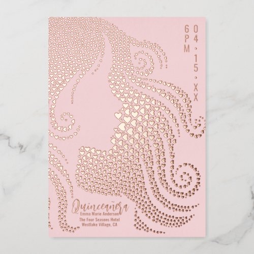Quinceaera Pink Girl Silhouette Hearts Rose Gold Foil Holiday Card