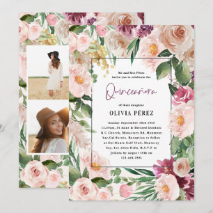 Quinceañera Pink girly floral 4 photo birthday Inv Invitation
