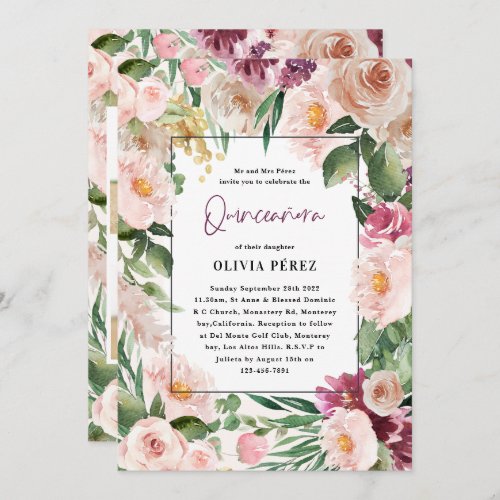 Quinceaera Pink girly floral 4 photo birthday Inv Invitation