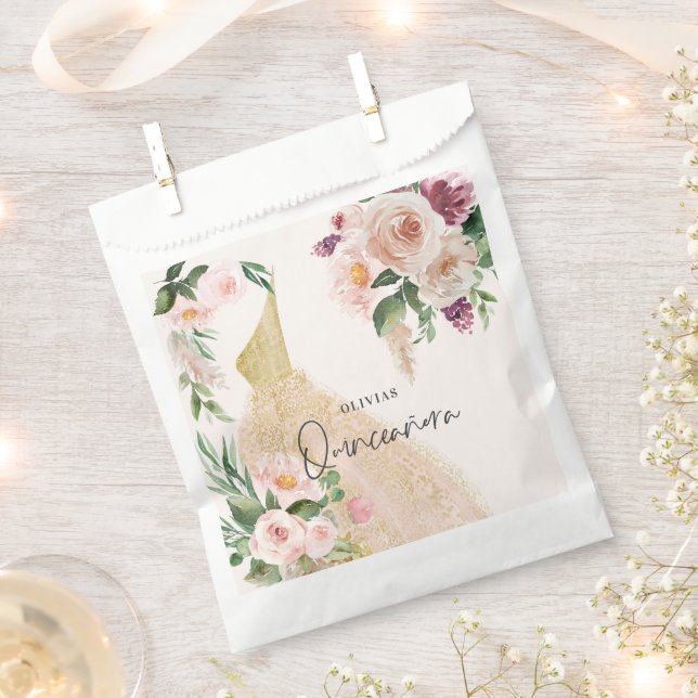 Quinceañera Pink girly floral dress birthday  Favor Bag (Clipped)