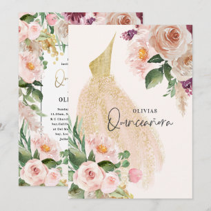 Quinceañera Pink girly floral dress birthday Invi Invitation