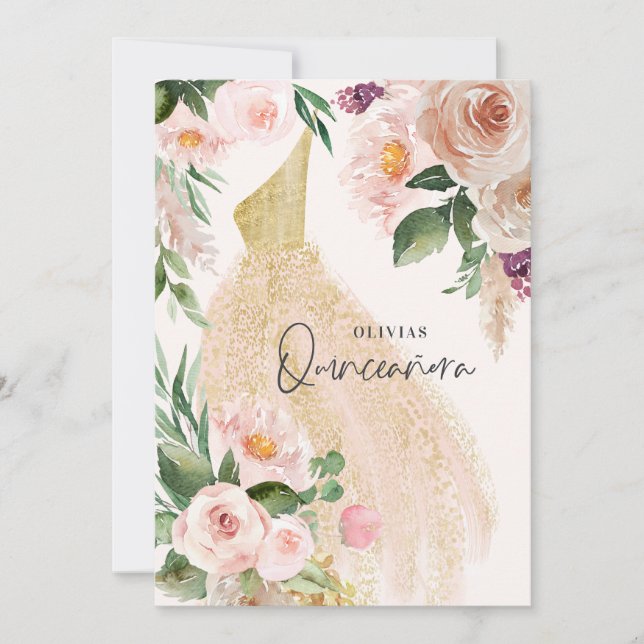 Quinceañera Pink girly floral dress birthday  Invitation (Front)