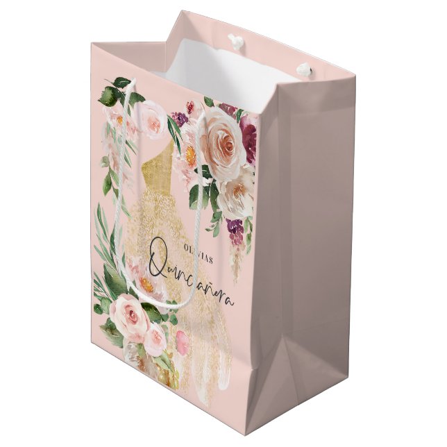 Quinceañera Pink girly floral dress birthday Mediu Medium Gift Bag (Front Angled)