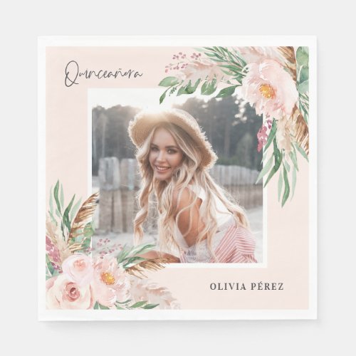 Quinceaera Pink girly floral photo birthday Invit Napkins