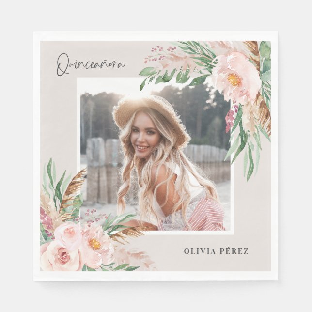 Quinceañera Pink girly floral photo birthday Invit Napkins (Front)