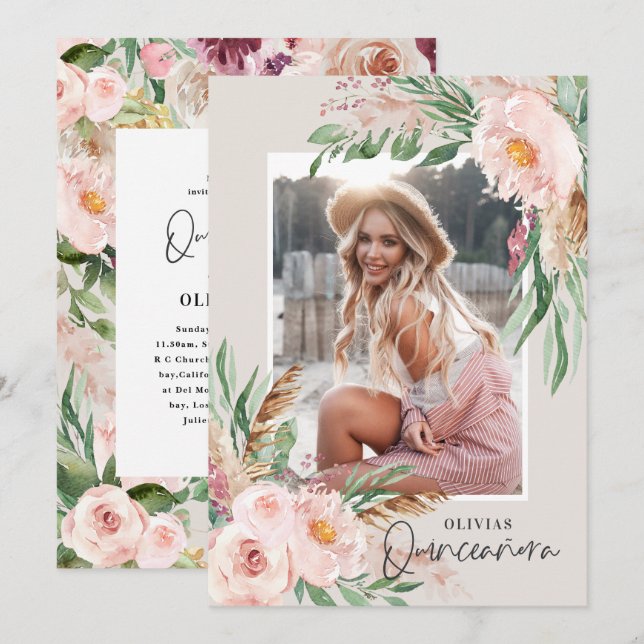 Quinceañera Pink girly floral photo birthday Invitation (Front/Back)