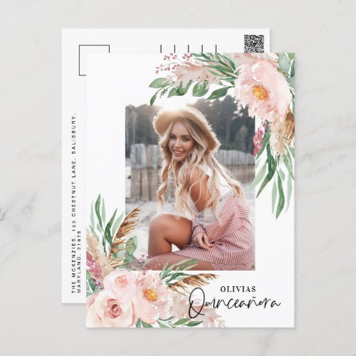 Quinceaera Pink girly floral photo birthday Postcard