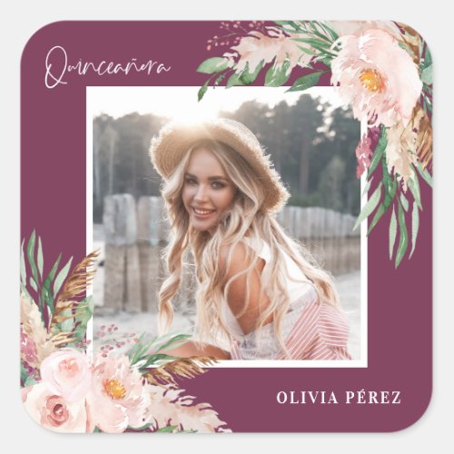 Quinceaera Pink girly floral photo birthday Squar Square Sticker