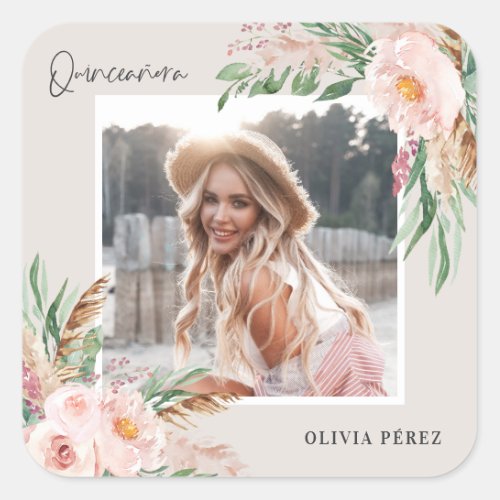 Quinceaera Pink girly floral photo birthday Square Sticker