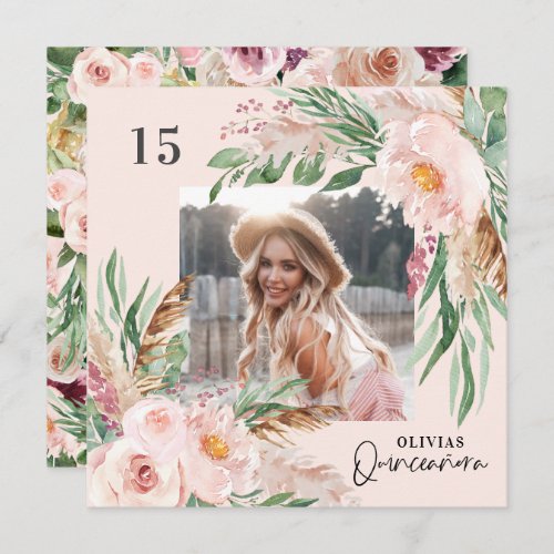 Quinceañera pink girly floral photo pampas elegant