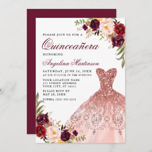 Quinceanera Pink Glitter Dress Burgundy Floral Invitation