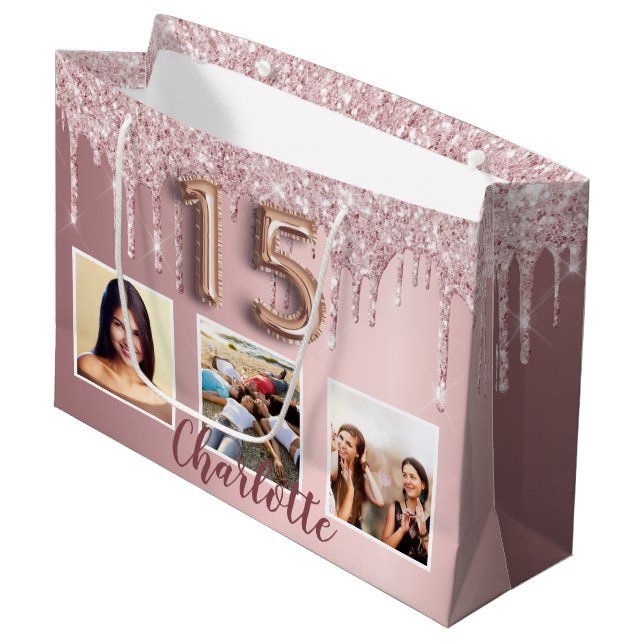 Quinceanera pink glitter drips photo name large gift bag (Front Angled)
