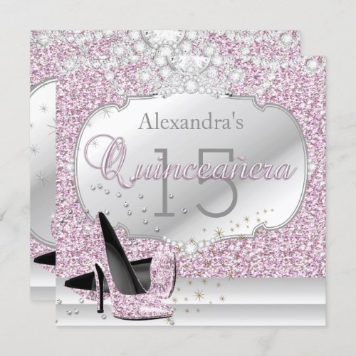 Quinceanera Pink Glitter Glamour 15 Birthday Party Invitation