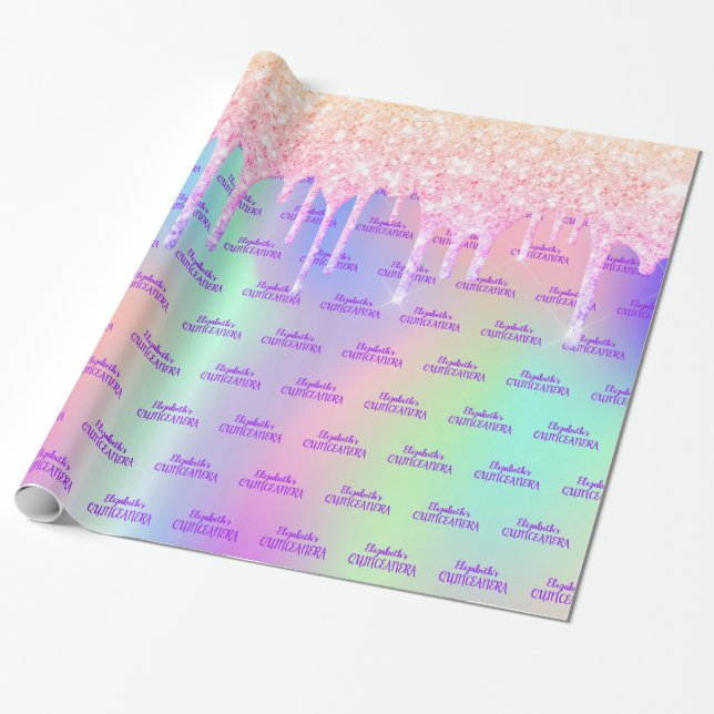 Quinceanera pink glitter rose gold iridescent wrapping paper (Unrolled)