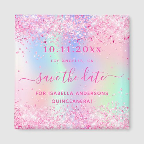 Quinceanera pink glitter save the date magnet