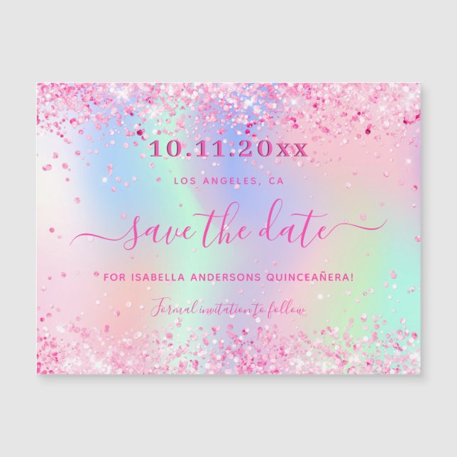 Quinceanera pink glitter save the date magnet (Front)