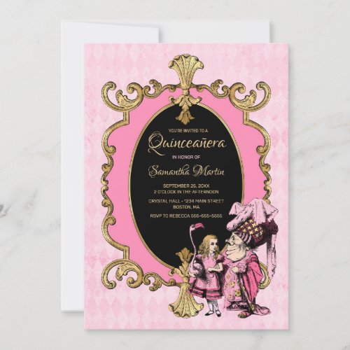 Quinceanera Pink Gold Alice In Wonderland Party Invitation