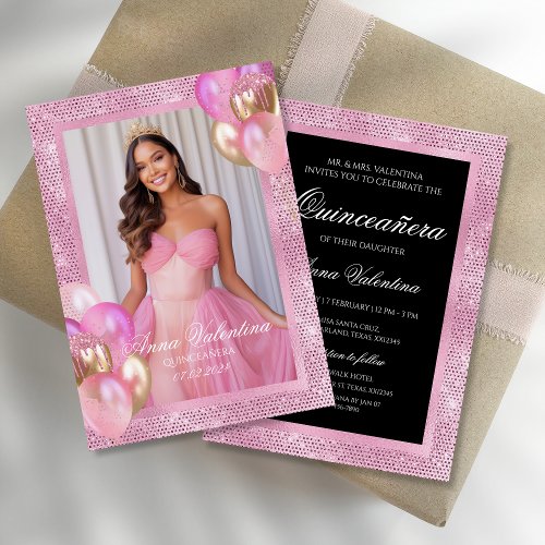 Quinceaera Pink Gold Birthday Photo Invitation