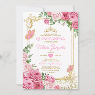 Quinceañera Pink Gold Crown Butterfly 15 Anos Invitation