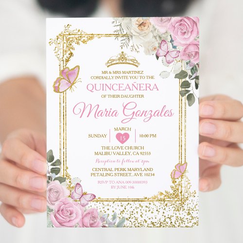 Quinceaera Pink  Gold Crown Mexican Butterfly Invitation