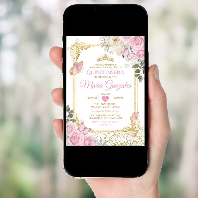 Quinceañera Pink & Gold Crown Mexican Butterfly Invitation (Front Digital)