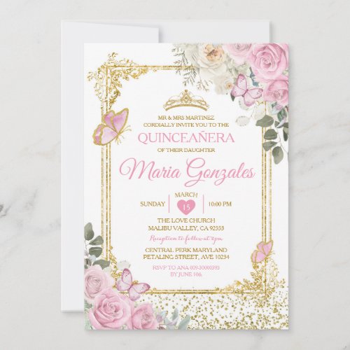 Quinceaera Pink  Gold Crown Mexican Butterfly Invitation