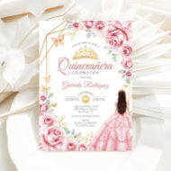 Quinceanera Pink Gold Dress Floral Invitation