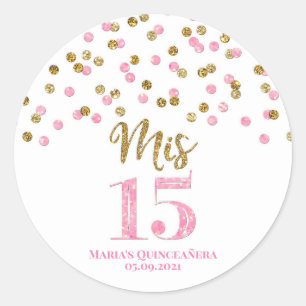 Quinceañera Pink Gold Glitter Confetti Classic Round Sticker