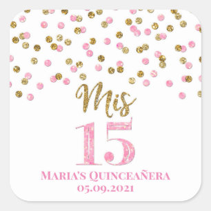 Quinceañera Pink Gold Glitter Confetti Square Sticker