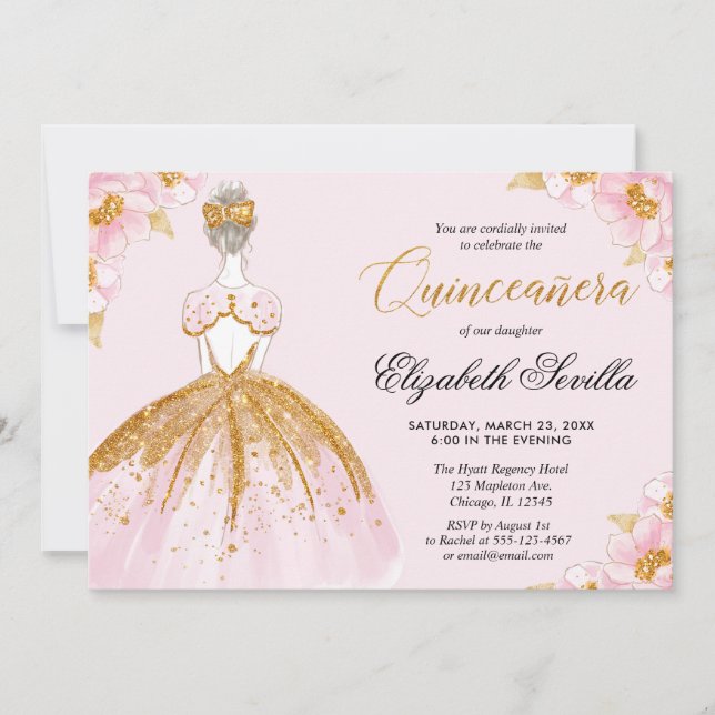 Quinceanera pink gold glitter dress invitation (Front)