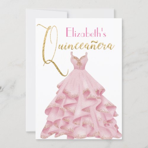 Quinceanera Pink Gold Glitter Gown Birthday Invitation