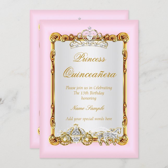 Quinceanera Pink Gold Horse Carriage Fairytale Invitation (Front/Back)
